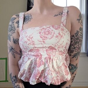 Trixxi Pink & White Floral Ruched Peplum Cami Top